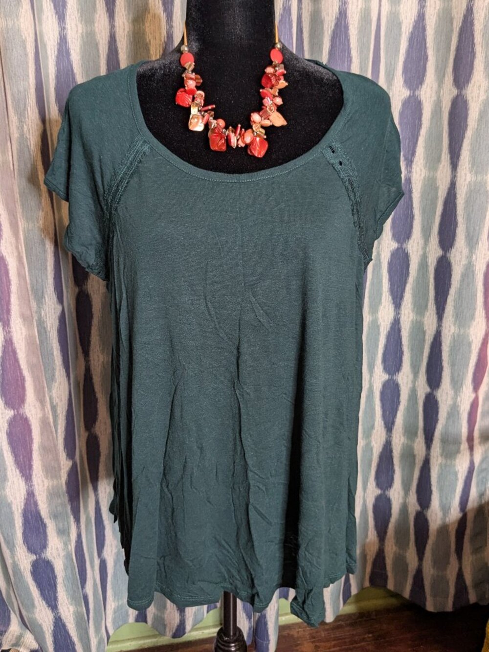 NWT Chloe K Teal Lace Back Tunic Top Size Large Short Sleeve Boho